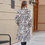 Ladies Midi Faux Fur Coat with Leopard Print, Tailored Tie Belt and Shawl Collar Fashion Glam