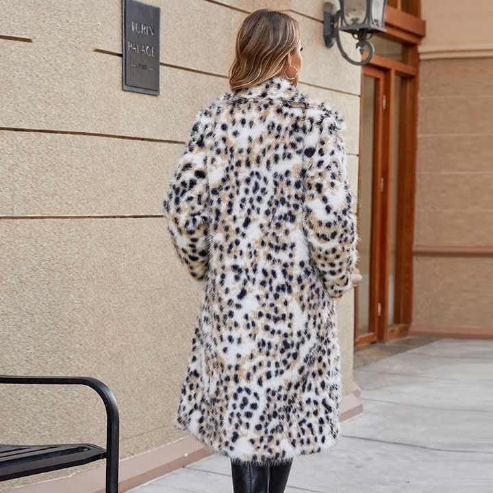 Ladies Midi Faux Fur Coat with Leopard Print, Tailored Tie Belt and Shawl Collar Fashion Glam