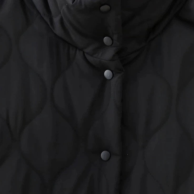 Women’s quilted jacket with stand-up collar and contrasting ruffled pockets Fashion Glam