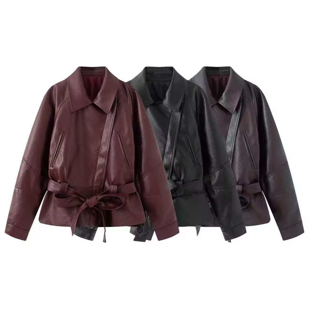 Women's short jacket made of faux leather with a belted waist and shirt collar Fashion Glam