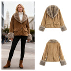 Women's short jacket made of faux suede with voluminous faux fur collar and fur cuffs Fashion Glam