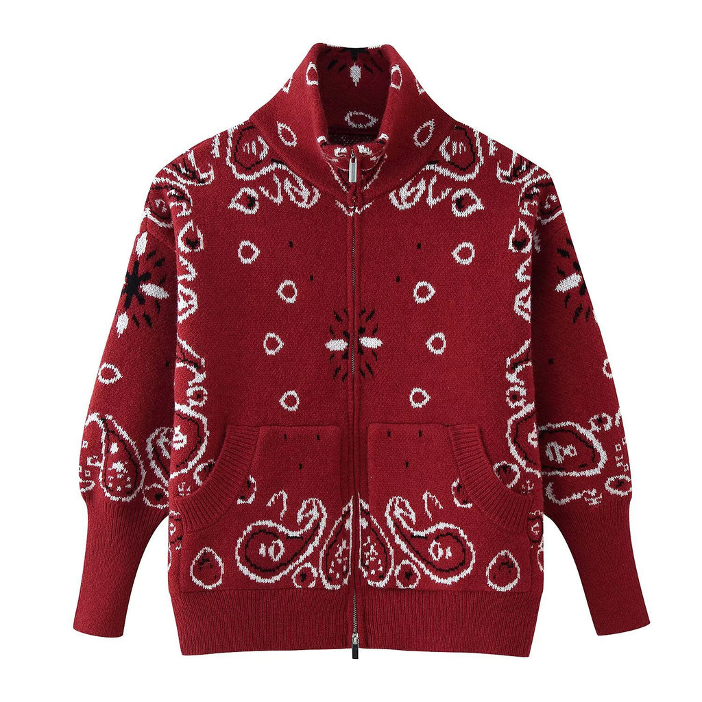 Women's chunky knit zip cardigan with stand-up collar and paisley jacquard Fashion Glam