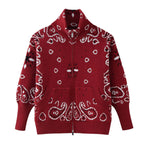 Women's chunky knit zip cardigan with stand-up collar and paisley jacquard Fashion Glam