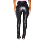 Women's High-Waist Skinny Faux Leather Pants with Front Slit Fashion Glam