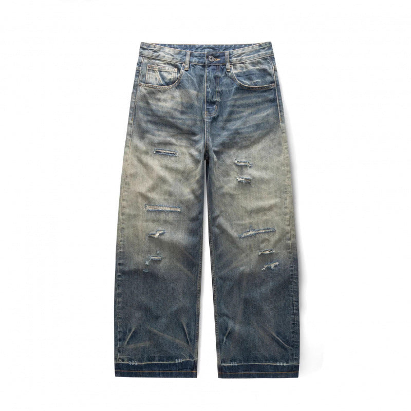 Men's Wide Vintage Denim Jeans with Used Wash and Distressed Details Fashion Glam