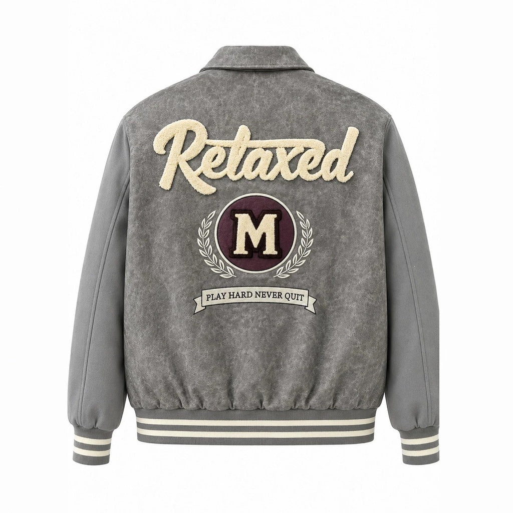 Men's Varsity Bomber Jacket in Vintage Leather Look with Chenille Emblem Fashion Glam