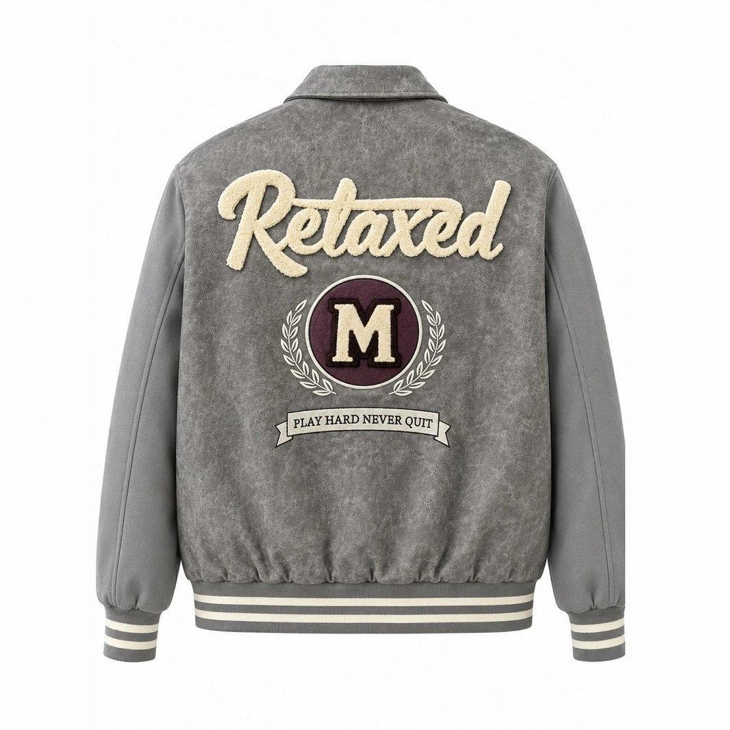 Men's Varsity Bomber Jacket in Vintage Leather Look with Chenille Emblem Fashion Glam