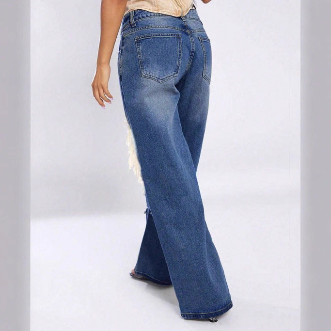 Women's extra wide cut destroyed jeans with XXL knee cutouts and low waistline Fashion Glam