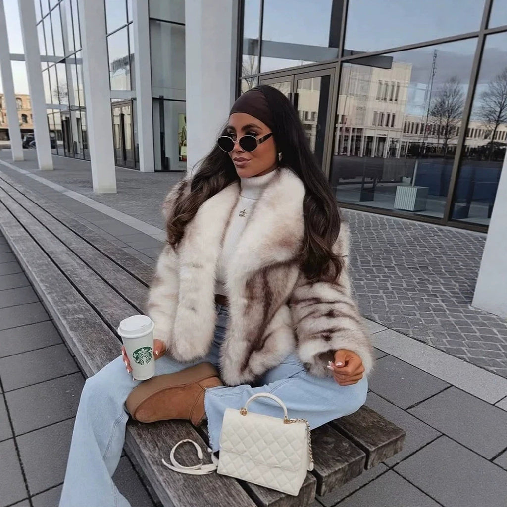 Women's Short Plush Faux Fur Jacket with Wide Shawl Collar and Straight Cut Fashion Glam