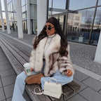 Women's Short Plush Faux Fur Jacket with Wide Shawl Collar and Straight Cut Fashion Glam