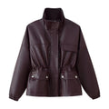 Women Faux Leather Parka with Stand Collar, Waist Drawstring, and Placket Pockets Fashion Glam