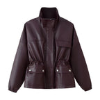 Women Faux Leather Parka with Stand Collar, Waist Drawstring, and Placket Pockets Fashion Glam