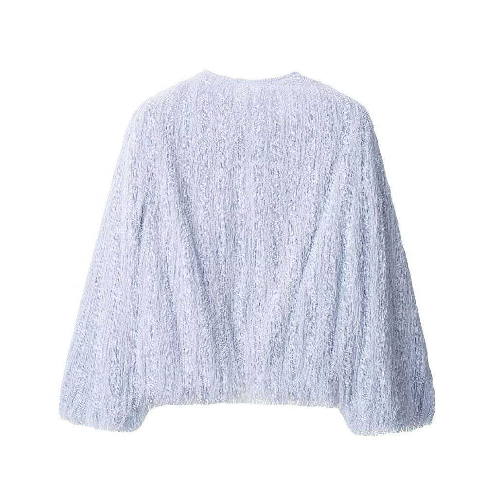 Women's Fluffy Fringe Jacket with Round Neckline and Boxy Cut Fashion Glam
