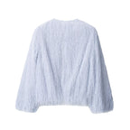 Women's Fluffy Fringe Jacket with Round Neckline and Boxy Cut Fashion Glam