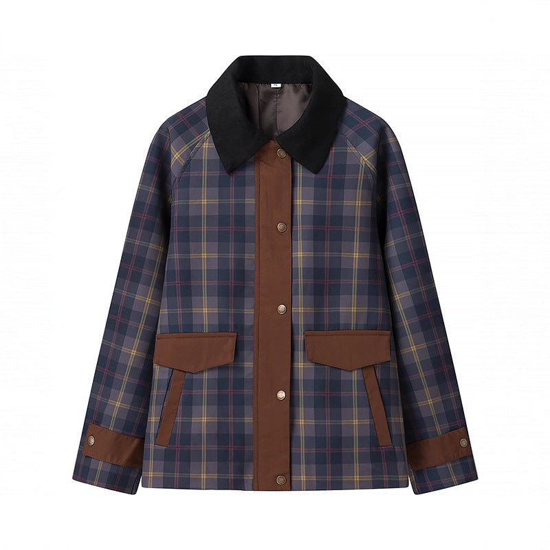 Women's Checked Transition Jacket with Cord Collar and Contrast Trimmings Fashion Glam
