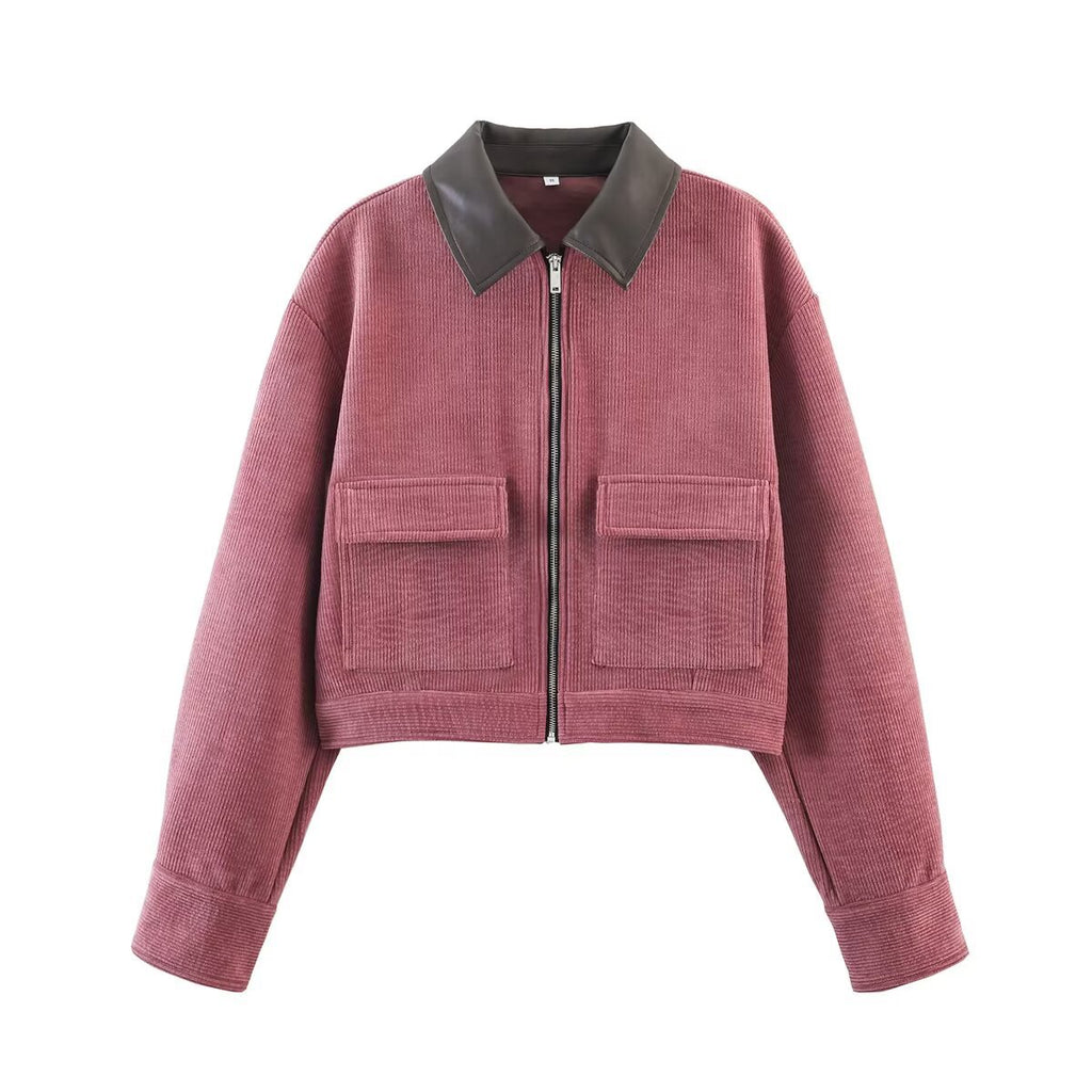 Women's short cord jacket with leather collar and flap pockets Fashion Glam