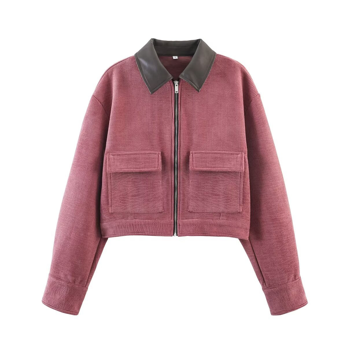 Women's short cord jacket with leather collar and flap pockets Fashion Glam