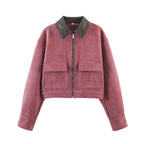 Women's cord jacket with contrast collar, zipper, and patch pockets Fashion Glam