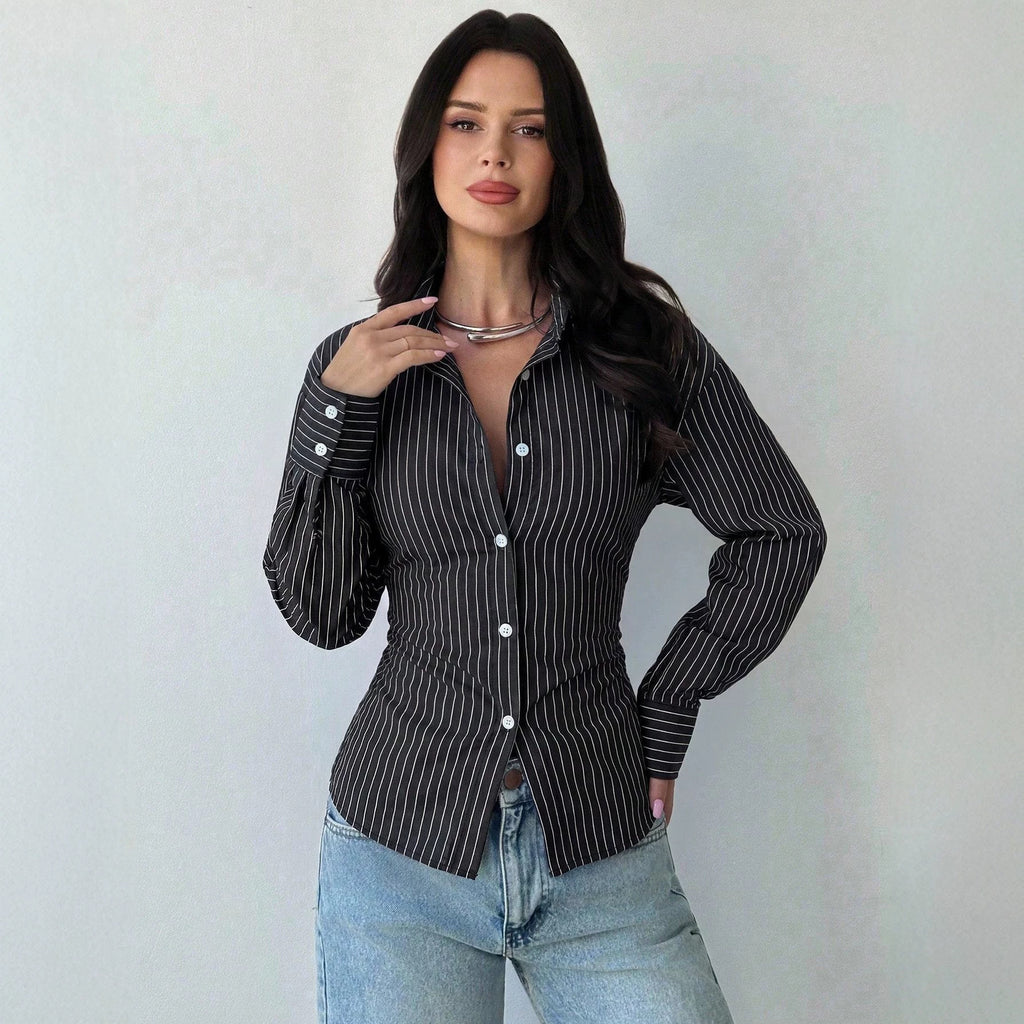 Women's Tailored Striped Shirt Blouse with Lapel Collar and Shaping Waist Fashion Glam