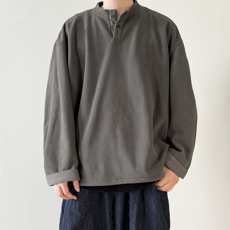 [Unisex] Oversize-Fleece-Henley-Pullover with half button placket, drawstring hem, and rolled sleeves Fashion Glam