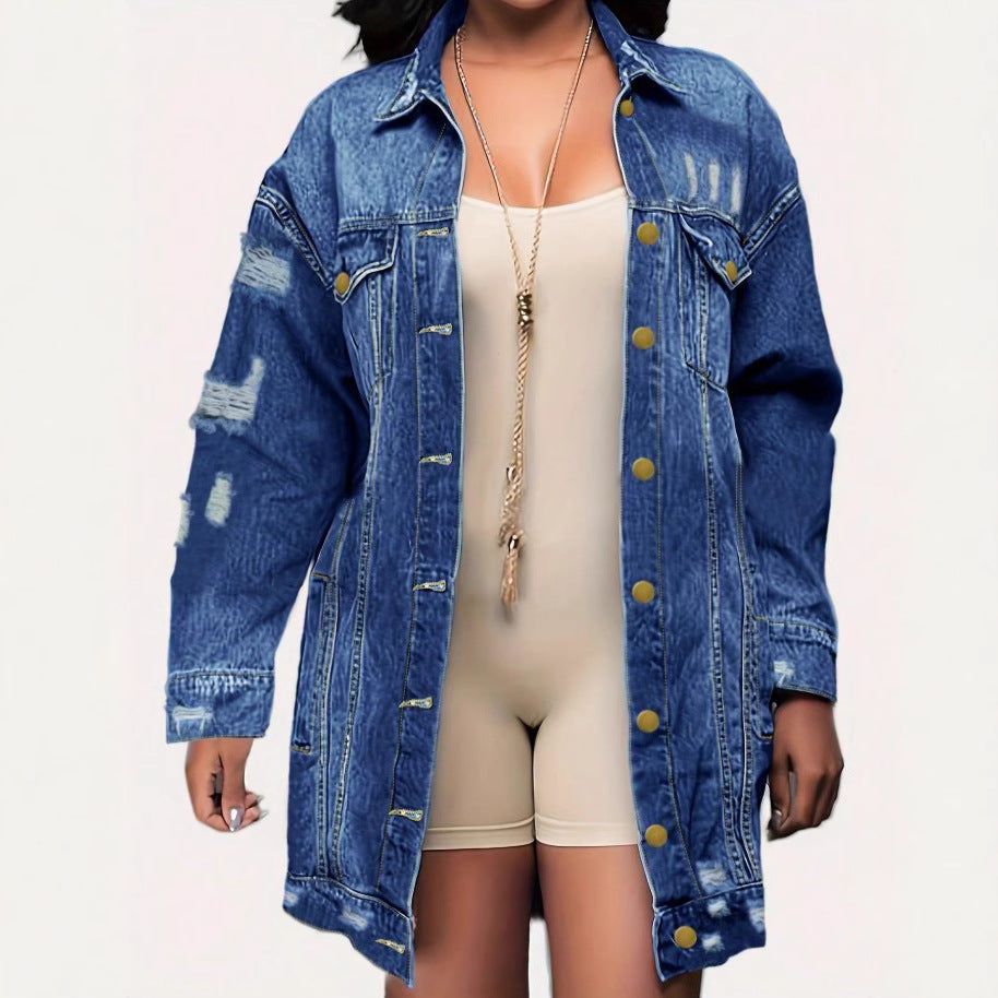 Women's Oversize Longline Denim Jacket with Distressed Details and Flap Pockets Fashion Glam