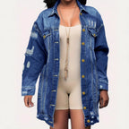 Women's Oversize Longline Denim Jacket with Distressed Details and Flap Pockets Fashion Glam