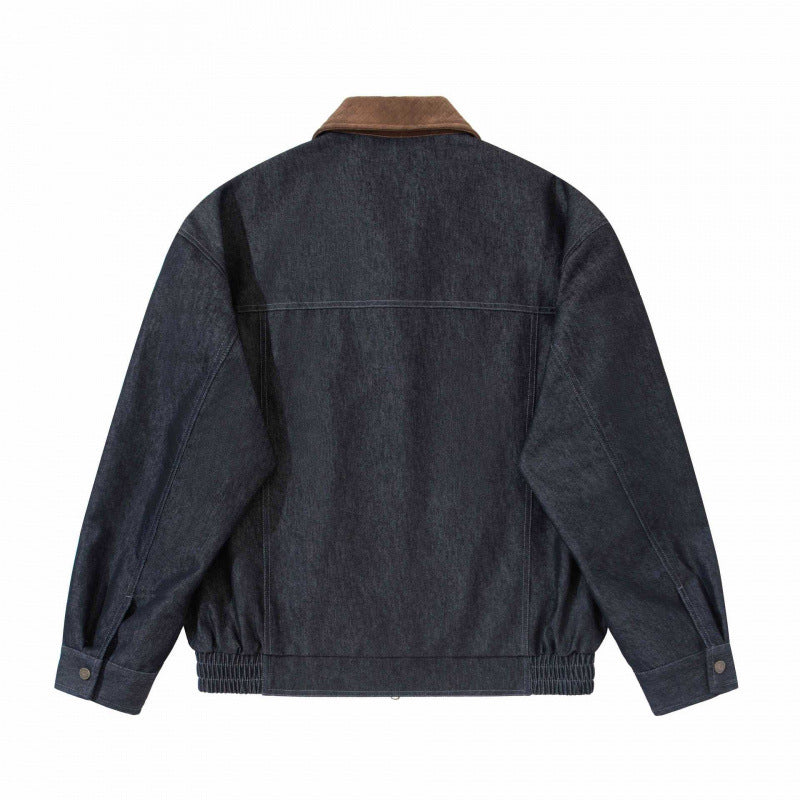 Men's Relaxed Bomber Denim Jacket with Cord Collar and Two-Way Zipper Fashion Glam