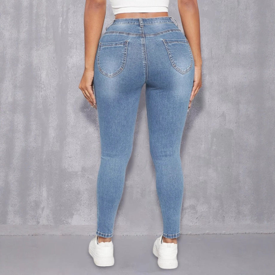 Women High-Waist Skinny Jeans with Pearl Application Fashion Glam