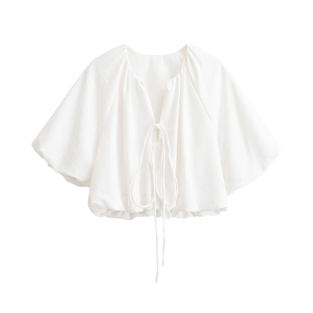 Women's Oversize Cape Blouse with Drawstring, Balloon Sleeves and Gathered Hem Fashion Glam