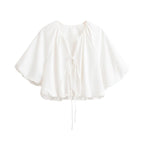 Women's Oversize Cape Blouse with Drawstring, Balloon Sleeves and Gathered Hem Fashion Glam