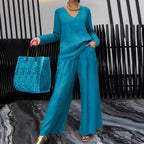 Women's Fine V-Neck Knit Sweater with Flowing Palazzo Pants Fashion Glam
