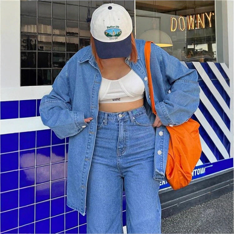 Women Oversized Denim Shirt Jacket with Extended Cut and Boxy Fit Fashion Glam