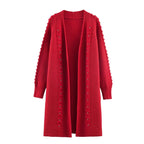 Women Longline Knit Cardigan with Pearl Trim and Ribbed Cuffs Fashion Glam