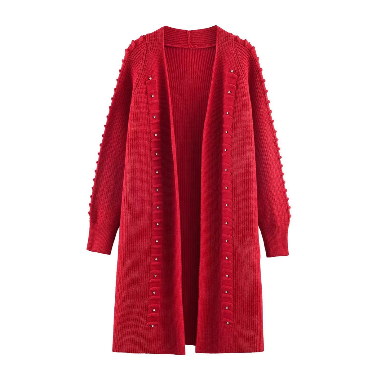 Women Longline Knit Cardigan with Pearl Trim and Ribbed Cuffs Fashion Glam