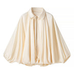 Ladies Soft Satin Cape Blouse Shirt with Lapel Collar, Balloon Sleeves and Concealed Zipper Fashion Glam