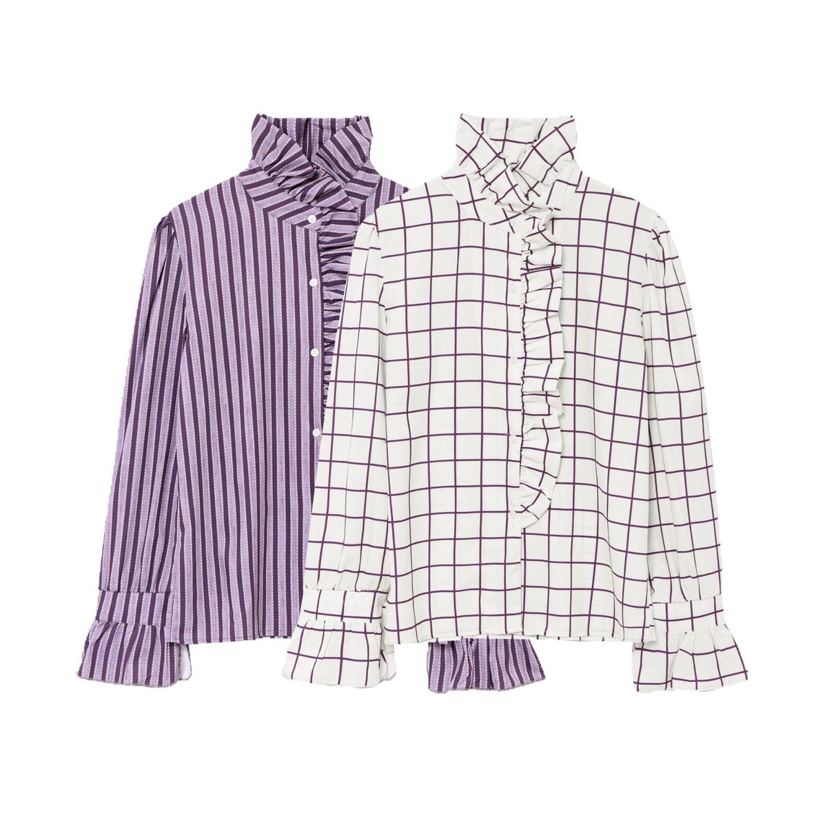 Women's Striped Ruffle Blouse with Stand-Up Collar and Flounce Cuffs Fashion Glam