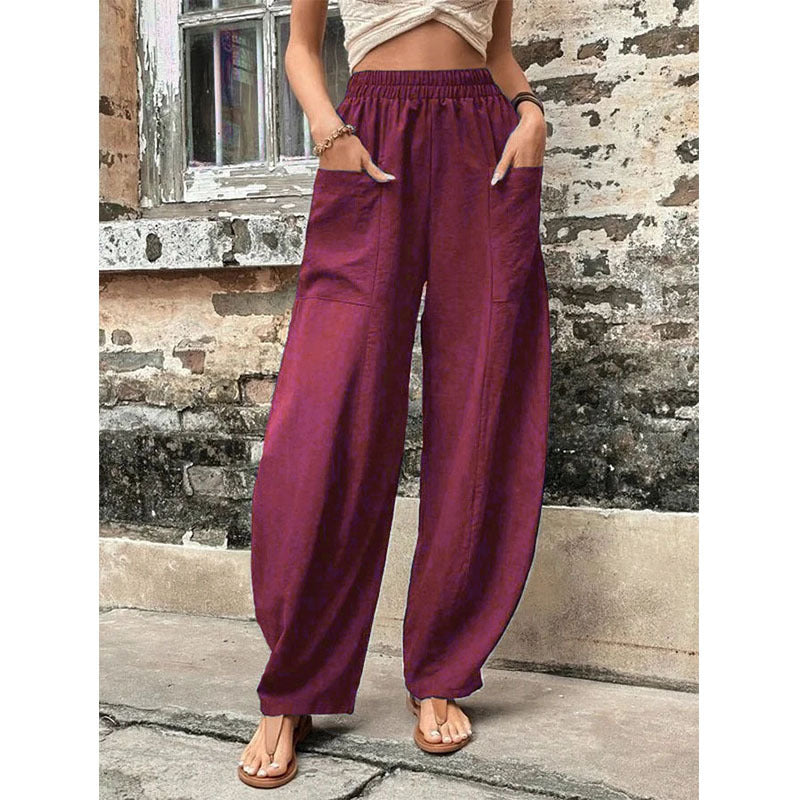 Women's Lightweight Linen Pants with Wide Leg, High Elastic Waistband, and Patch Pockets Fashion Glam