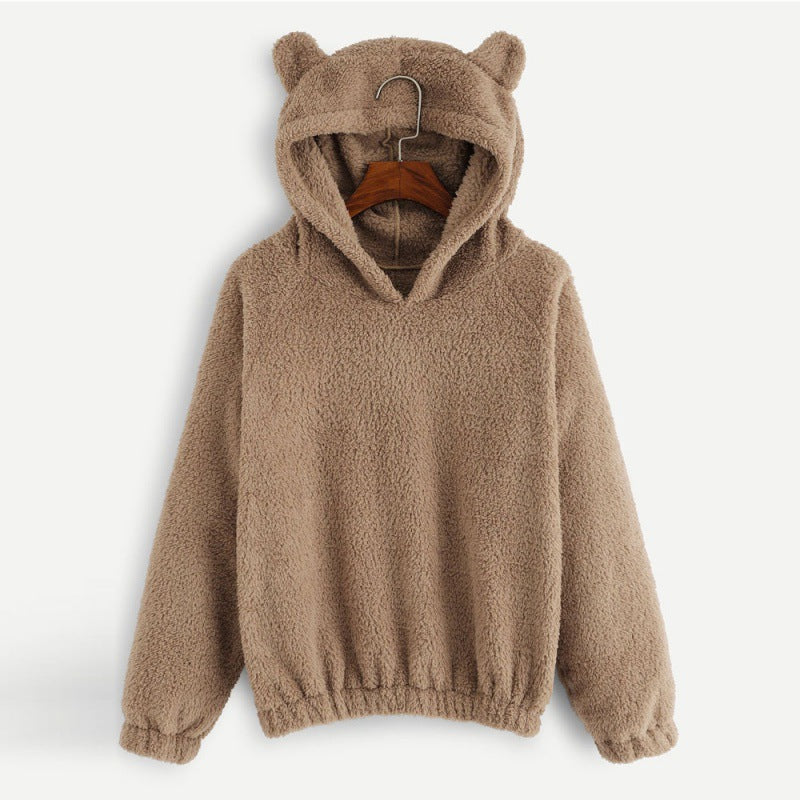 Women's Cozy Teddy Hooded Sweater with Bear Ears and Drawstring Hem Fashion Glam