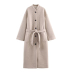 Women’s longer minimalist wool blend kimono coat with tie belt Fashion Glam