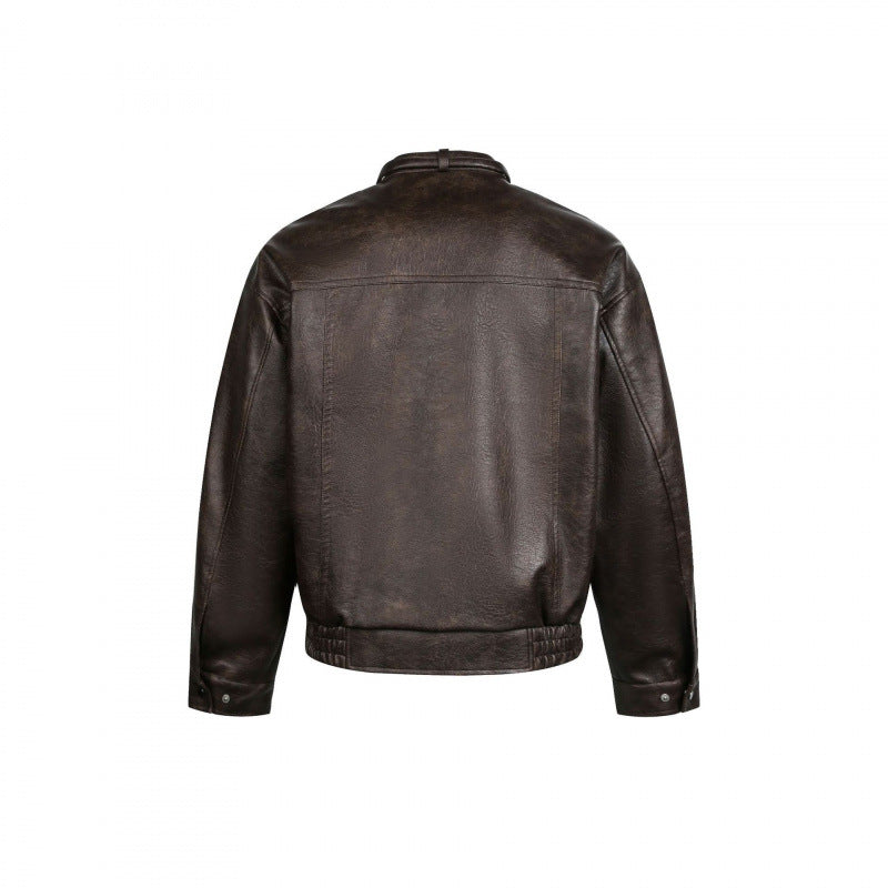 Men's leather bomber jacket with stand-up collar and elastic hem Fashion Glam