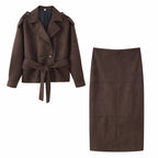 Women's Cropped Trench Coat in Suede Look with Ties and Epaulettes Fashion Glam