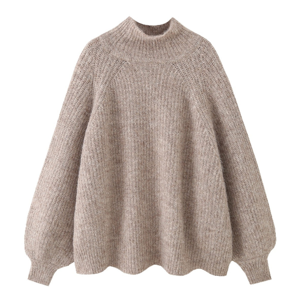 Women Oversize Mohair-Optic Knit Sweater with Stand-Up Collar and Balloon Sleeves Fashion Glam