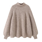 Women Oversize Mohair-Optic Knit Sweater with Stand-Up Collar and Balloon Sleeves Fashion Glam