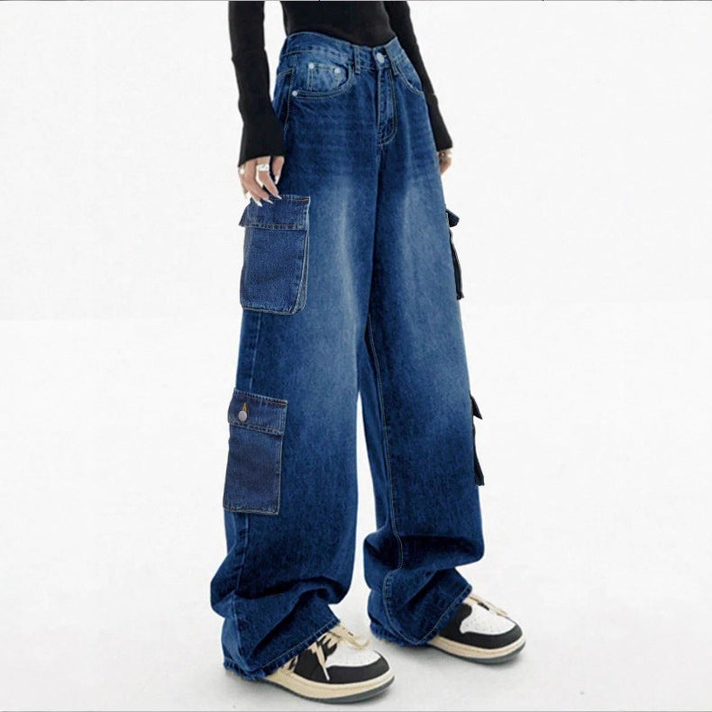 Ladies Loose High-Waist Cargo Jeans in Baggy Cut with Multiple Pockets Fashion Glam