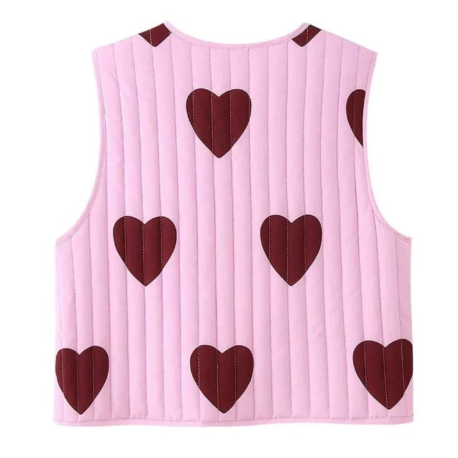 Women quilted vest with heart appliqués and ties Fashion Glam