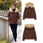 Women's Padded Bomber Jacket with Hood and Removable Faux Fur Collar Fashion Glam