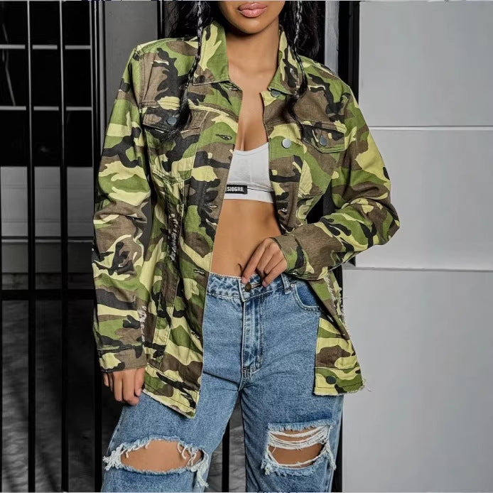 Women's Camouflage-Utility-Jacket in Oversized-Fieldstyle with Flap Pockets Fashion Glam