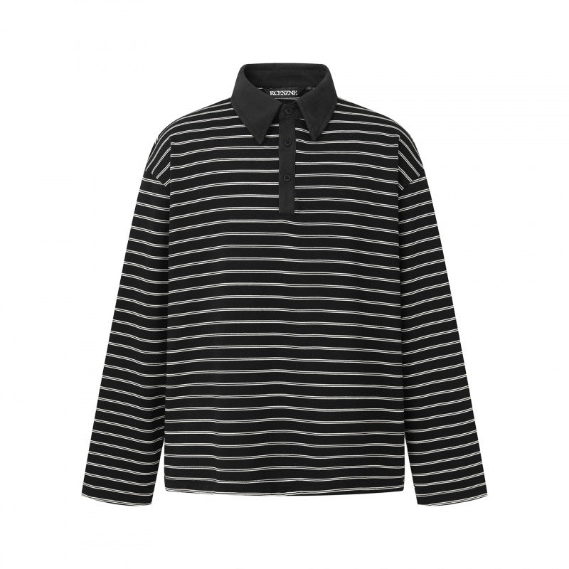 Unisex Long Sleeve Polo Shirt in Oversized Cut made from Cotton Jersey with Stripes and Henley Button Placket Fashion Glam
