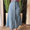 Women A-line denim mid-skirt with high-waisted waistband and continuous button placket Fashion Glam
