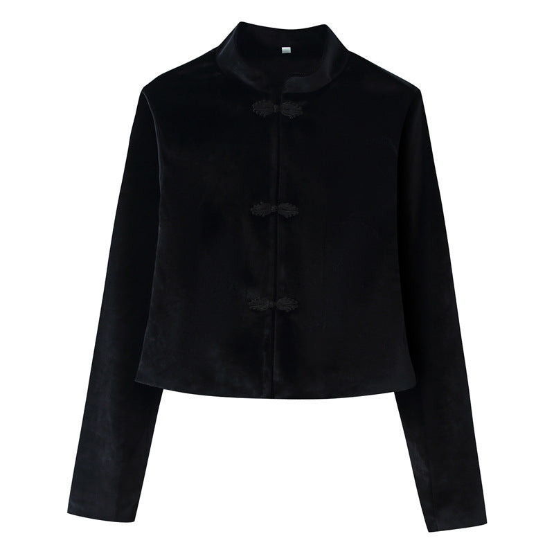 Women Cropped Tailored Jacket with Mandarin Collar and Decorative Toggle Closures Fashion Glam
